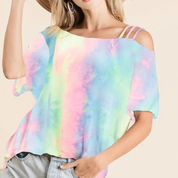 ✨NWT BiBi Tie Dye French Terry Strapped One Shoulder Top - Picture 5 of 7